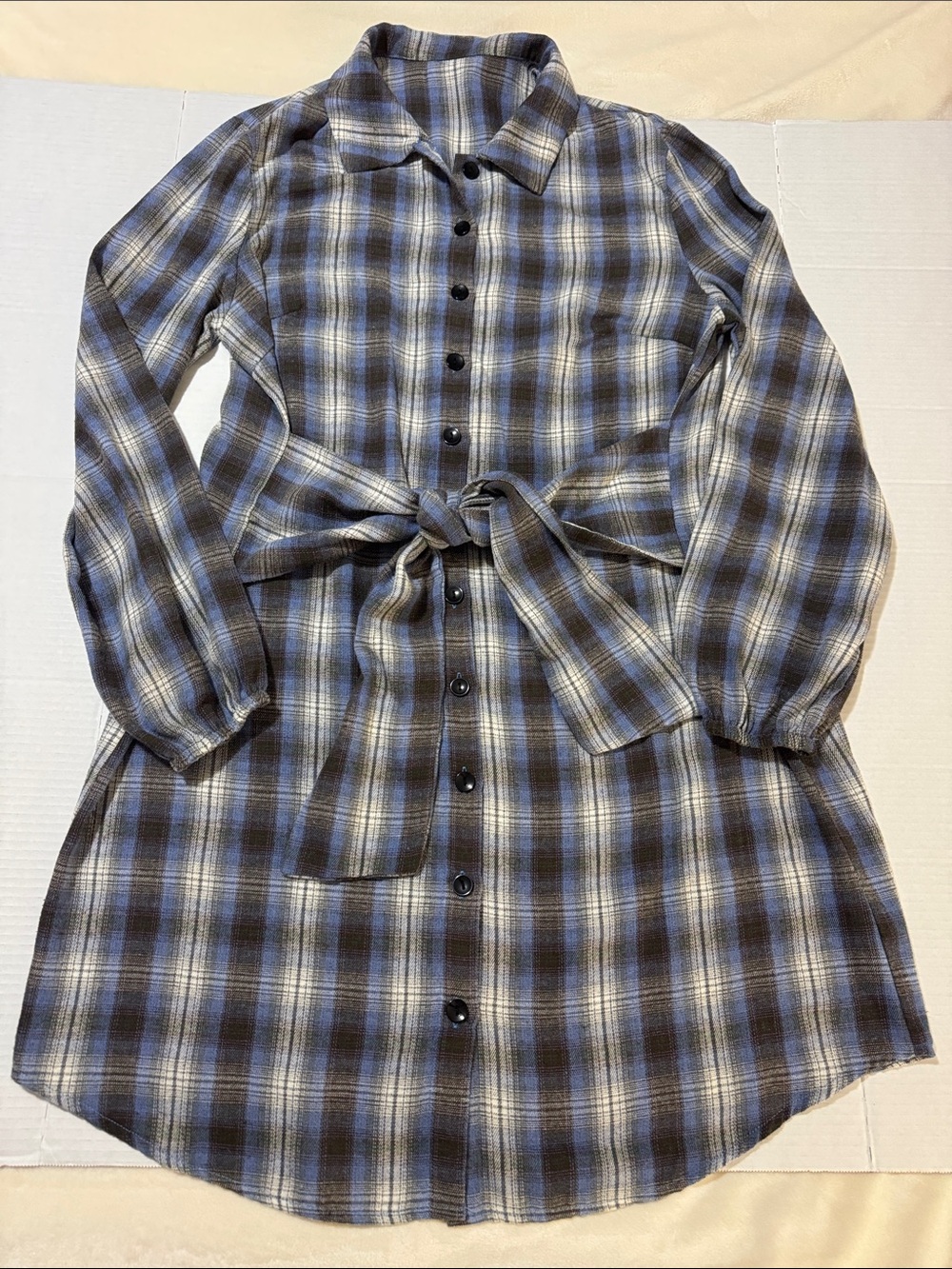 HALARA Flannel Blue and Brown Plaid Button-Front Tie-Waist Dress 185